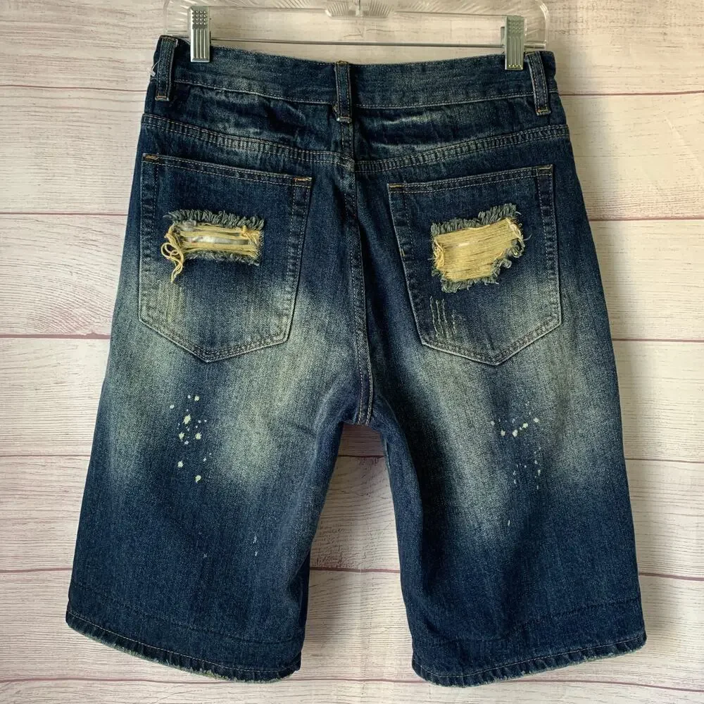 Qimu Fashion Mens Distressed Denim Jean Shorts Paint Splatter Size 30
